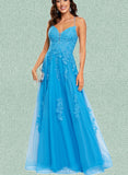 Ainsley A-line V-Neck Floor-Length Tulle Prom Dresses UKP0017547