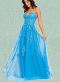 Ainsley A-line V-Neck Floor-Length Tulle Prom Dresses UKP0017547