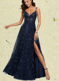 Miriam A-line V-Neck Floor-Length Lace Prom Dresses With Sequins UKP0017548