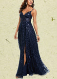 Miriam A-line V-Neck Floor-Length Lace Prom Dresses With Sequins UKP0017548