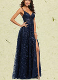 Miriam A-line V-Neck Floor-Length Lace Prom Dresses With Sequins UKP0017548