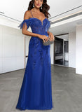 Patience Sheath/Column Sweetheart Floor-Length Tulle Prom Dresses With Feather UKP0017549