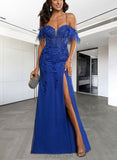 Patience Sheath/Column Sweetheart Floor-Length Tulle Prom Dresses With Feather UKP0017549