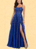 Jayden A-Line Scoop Floor-Length Tulle Lace Prom Dresses With Sequins UKP0017550