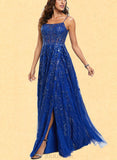 Jayden A-Line Scoop Floor-Length Tulle Lace Prom Dresses With Sequins UKP0017550