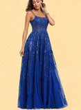 Jayden A-Line Scoop Floor-Length Tulle Lace Prom Dresses With Sequins UKP0017550