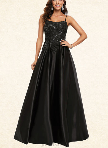 Lauren A-line Scoop Floor-Length Satin Prom Dresses With Sequins UKP0017551