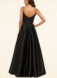 Lauren A-line Scoop Floor-Length Satin Prom Dresses With Sequins UKP0017551