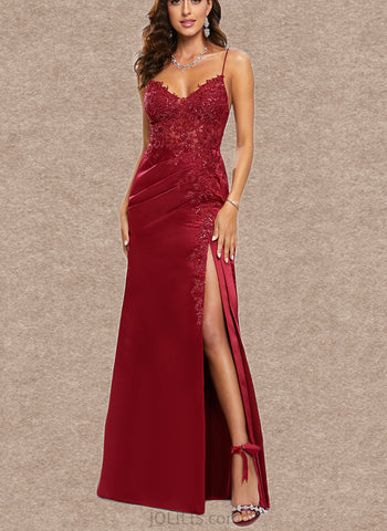 Frederica Sheath/Column V-Neck Floor-Length Satin Prom Dresses With Sequins UKP0017552