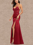 Frederica Sheath/Column V-Neck Floor-Length Satin Prom Dresses With Sequins UKP0017552