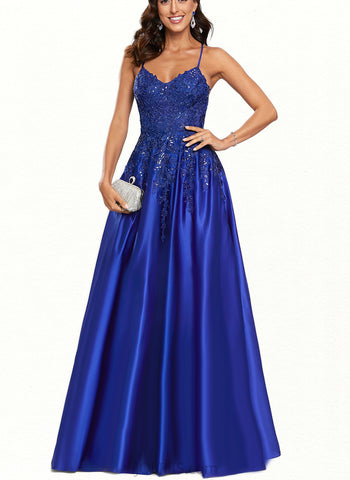 Asia A-line V-Neck Floor-Length Satin Prom Dresses With Sequins UKP0017553