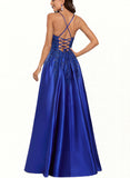 Asia A-line V-Neck Floor-Length Satin Prom Dresses With Sequins UKP0017553