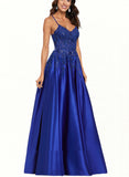 Asia A-line V-Neck Floor-Length Satin Prom Dresses With Sequins UKP0017553