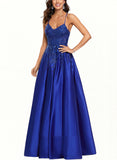 Asia A-line V-Neck Floor-Length Satin Prom Dresses With Sequins UKP0017553