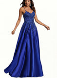 Asia A-line V-Neck Floor-Length Satin Prom Dresses With Sequins UKP0017553