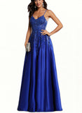 Asia A-line V-Neck Floor-Length Satin Prom Dresses With Sequins UKP0017553