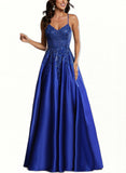 Asia A-line V-Neck Floor-Length Satin Prom Dresses With Sequins UKP0017553