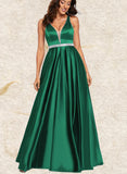 Gwen A-Line V-neck Floor-Length Satin Prom Dresses With Beading UKP0017554