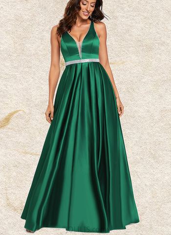 Gwen A-Line V-neck Floor-Length Satin Prom Dresses With Beading UKP0017554