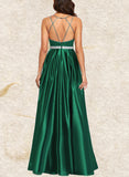 Gwen A-Line V-neck Floor-Length Satin Prom Dresses With Beading UKP0017554