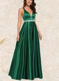 Gwen A-Line V-neck Floor-Length Satin Prom Dresses With Beading UKP0017554