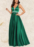 Gwen A-Line V-neck Floor-Length Satin Prom Dresses With Beading UKP0017554