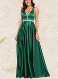 Gwen A-Line V-neck Floor-Length Satin Prom Dresses With Beading UKP0017554