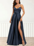 Ingrid A-line V-Neck Floor-Length Satin Prom Dresses UKP0017556