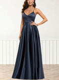 Ingrid A-line V-Neck Floor-Length Satin Prom Dresses UKP0017556