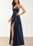 Ingrid A-line V-Neck Floor-Length Satin Prom Dresses UKP0017556