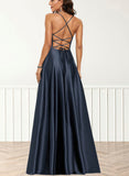 Ingrid A-line V-Neck Floor-Length Satin Prom Dresses UKP0017556