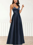 Ingrid A-line V-Neck Floor-Length Satin Prom Dresses UKP0017556