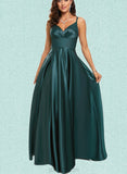 Nathaly A-line V-Neck Floor-Length Satin Prom Dresses UKP0017557