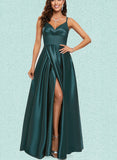 Nathaly A-line V-Neck Floor-Length Satin Prom Dresses UKP0017557