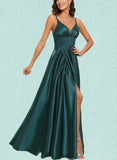 Nathaly A-line V-Neck Floor-Length Satin Prom Dresses UKP0017557