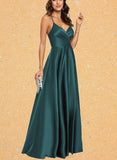 Rowan A-line V-Neck Floor-Length Satin Prom Dresses UKP0017558