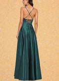 Rowan A-line V-Neck Floor-Length Satin Prom Dresses UKP0017558