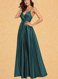 Rowan A-line V-Neck Floor-Length Satin Prom Dresses UKP0017558