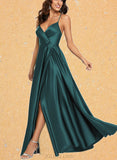 Rowan A-line V-Neck Floor-Length Satin Prom Dresses UKP0017558