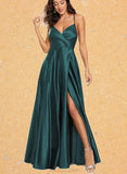 Rowan A-line V-Neck Floor-Length Satin Prom Dresses UKP0017558