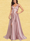 Ina A-line V-Neck Sweep Train Satin Prom Dresses UKP0017559