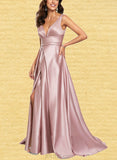 Ina A-line V-Neck Sweep Train Satin Prom Dresses UKP0017559