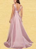 Ina A-line V-Neck Sweep Train Satin Prom Dresses UKP0017559