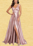 Ina A-line V-Neck Sweep Train Satin Prom Dresses UKP0017559