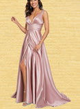 Ina A-line V-Neck Sweep Train Satin Prom Dresses UKP0017559