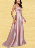 Ina A-line V-Neck Sweep Train Satin Prom Dresses UKP0017559