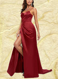 Lucile A-line V-Neck Floor-Length Satin Prom Dresses UKP0017560