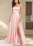 Kasey A-line Square Sweep Train Satin Prom Dresses UKP0017561