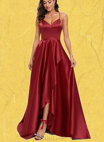 Taniyah A-line V-Neck Sweep Train Satin Prom Dresses UKP0017562