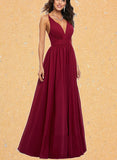 Lina A-line V-Neck Floor-Length Chiffon Prom Dresses UKP0017563